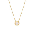 Women's flower necklace with white mother shell pendant on copper chain in gold and silver tones