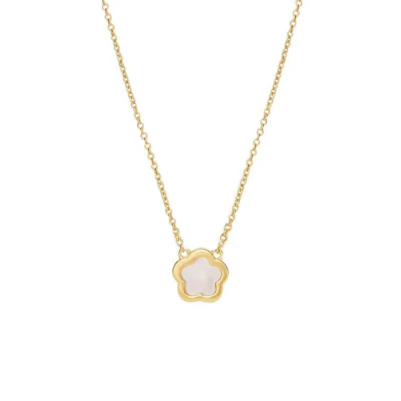 Women's flower necklace with white mother shell pendant on copper chain in gold and silver tones