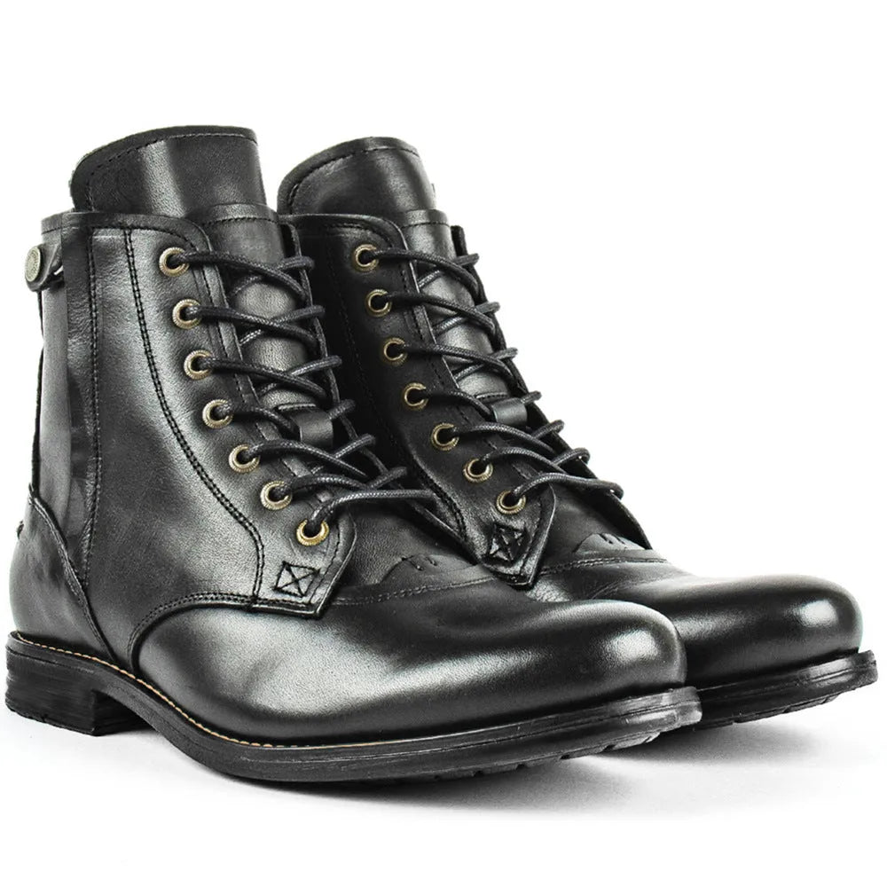 Knight Series men's two-tone leather boot with side zipper in black, showing low heel and mature style.