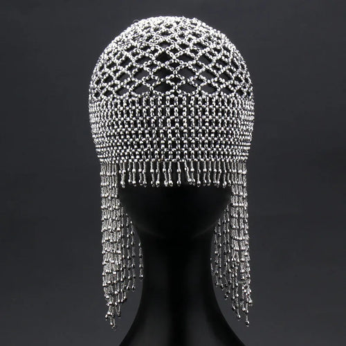 Handmade beaded belly dance headwear with alloy mesh and long tassel in silver.