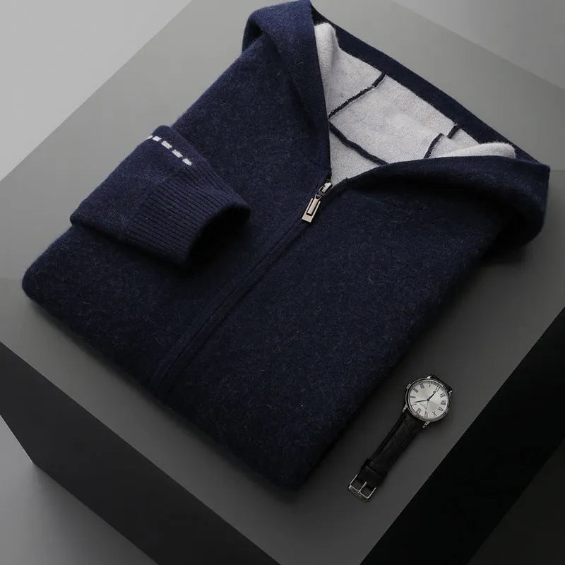 Dark blue men's loose cashmere cardigan with half-high collar and full-length zip.