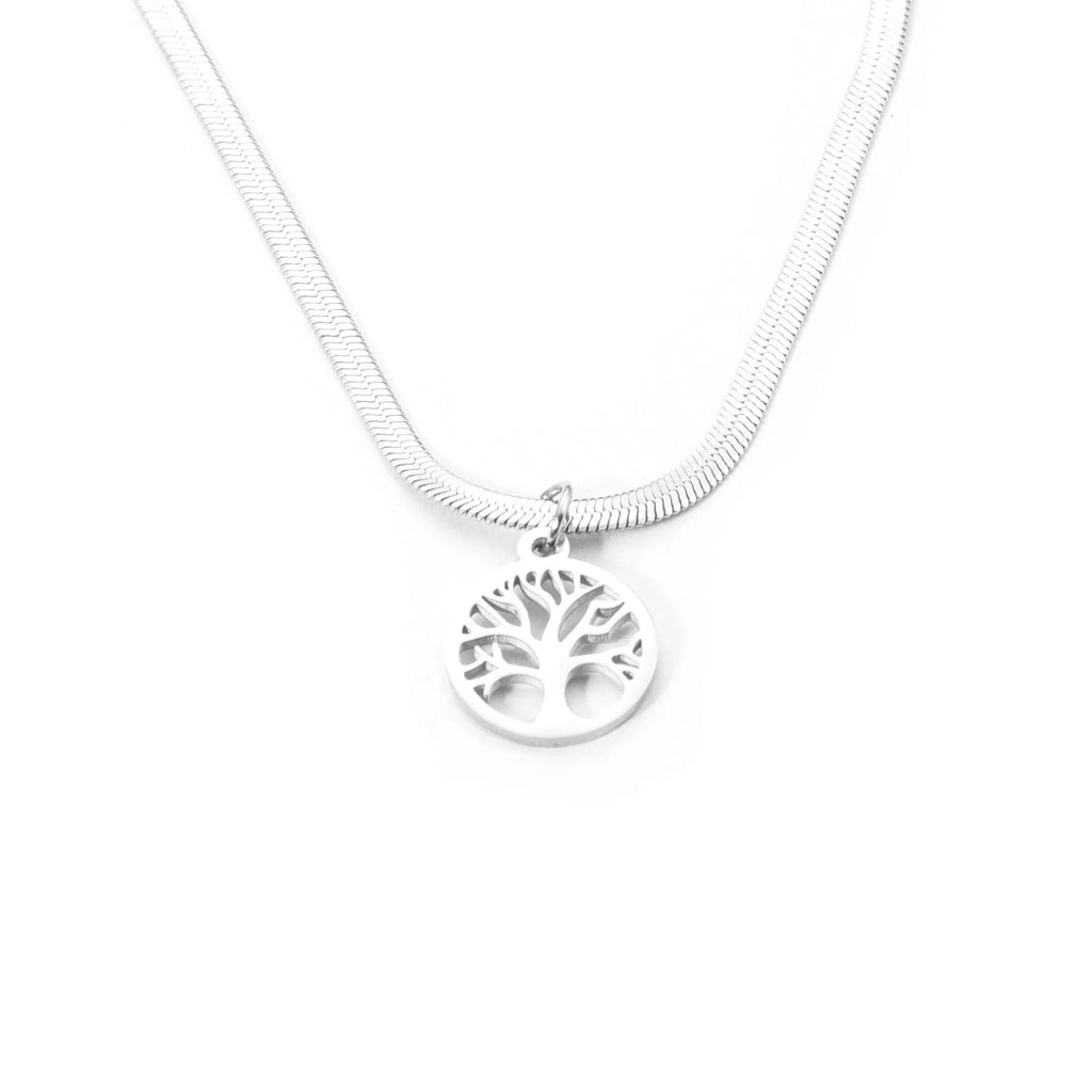 Stainless steel lucky tree pendant necklace on adjustable snake bone chain