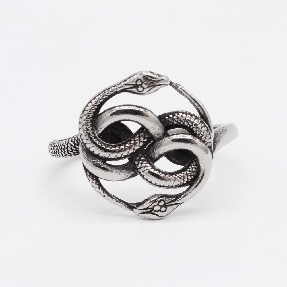 Steel colour titanium steel double snake retro ring on finger showing intricate snake design
