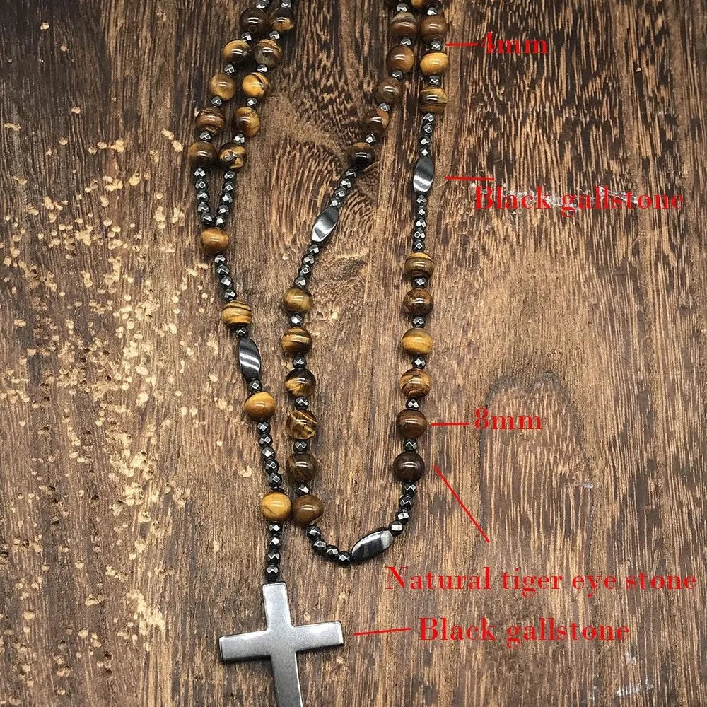 Men's stone geometric cross pendant necklace on an 80cm ball bead chain