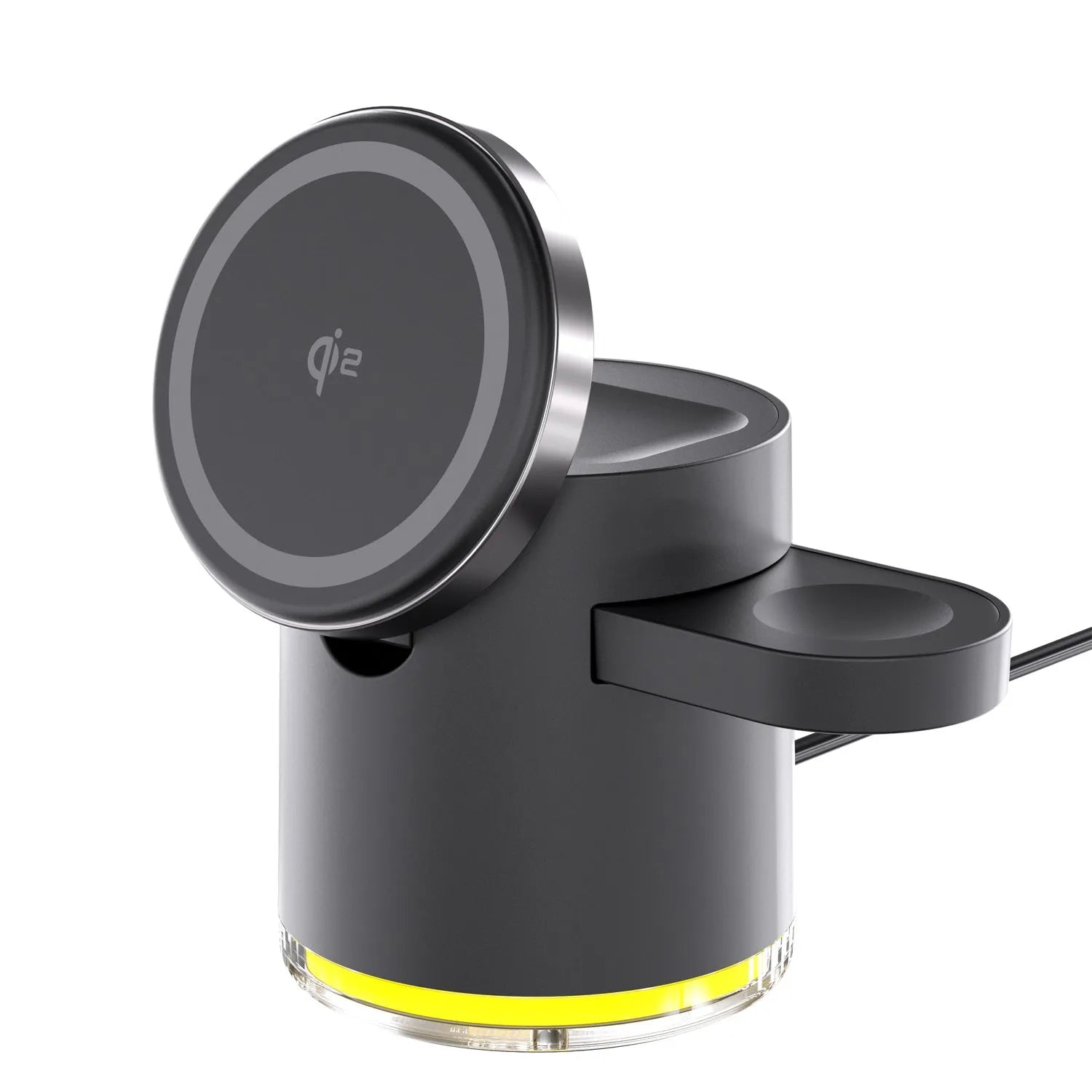 C16 ivory white folding magnetic three-in-one wireless charger showing phone, watch, and earbuds charging simultaneously.