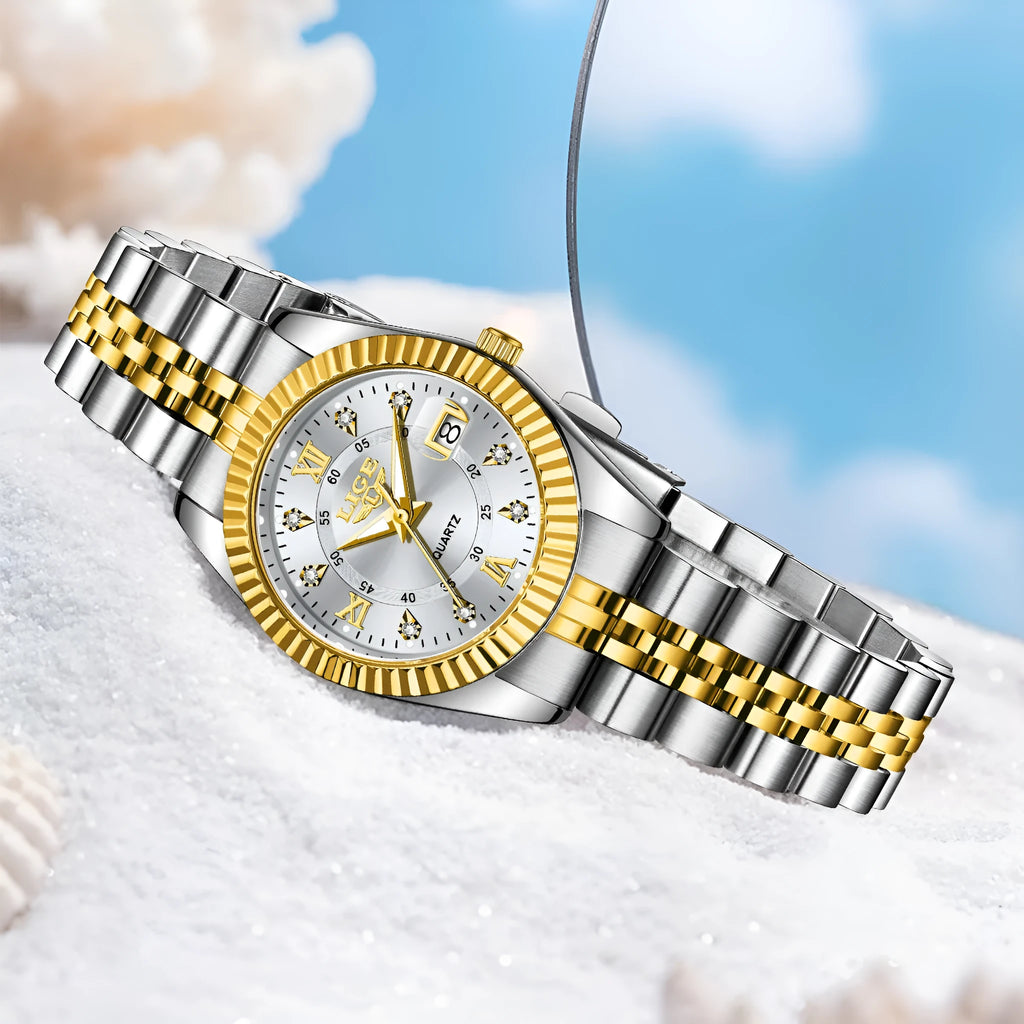 Women's waterproof quartz watch with stainless steel case in gold and silver colour variations
