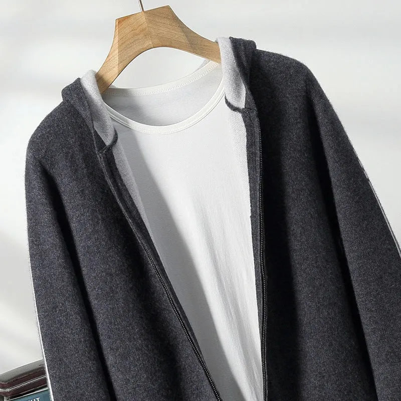 Dark blue men's loose cashmere cardigan with half-high collar and full-length zip.