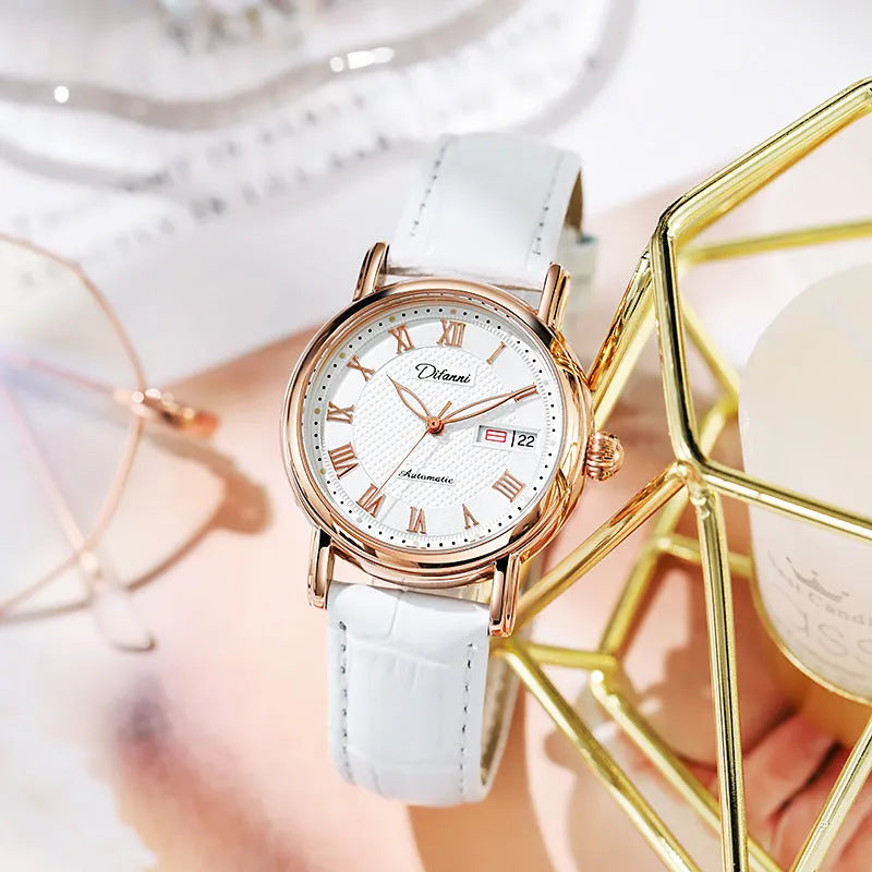 Women's automatic mechanical watch with 12mm thickness showing multiple colour strap and dial options