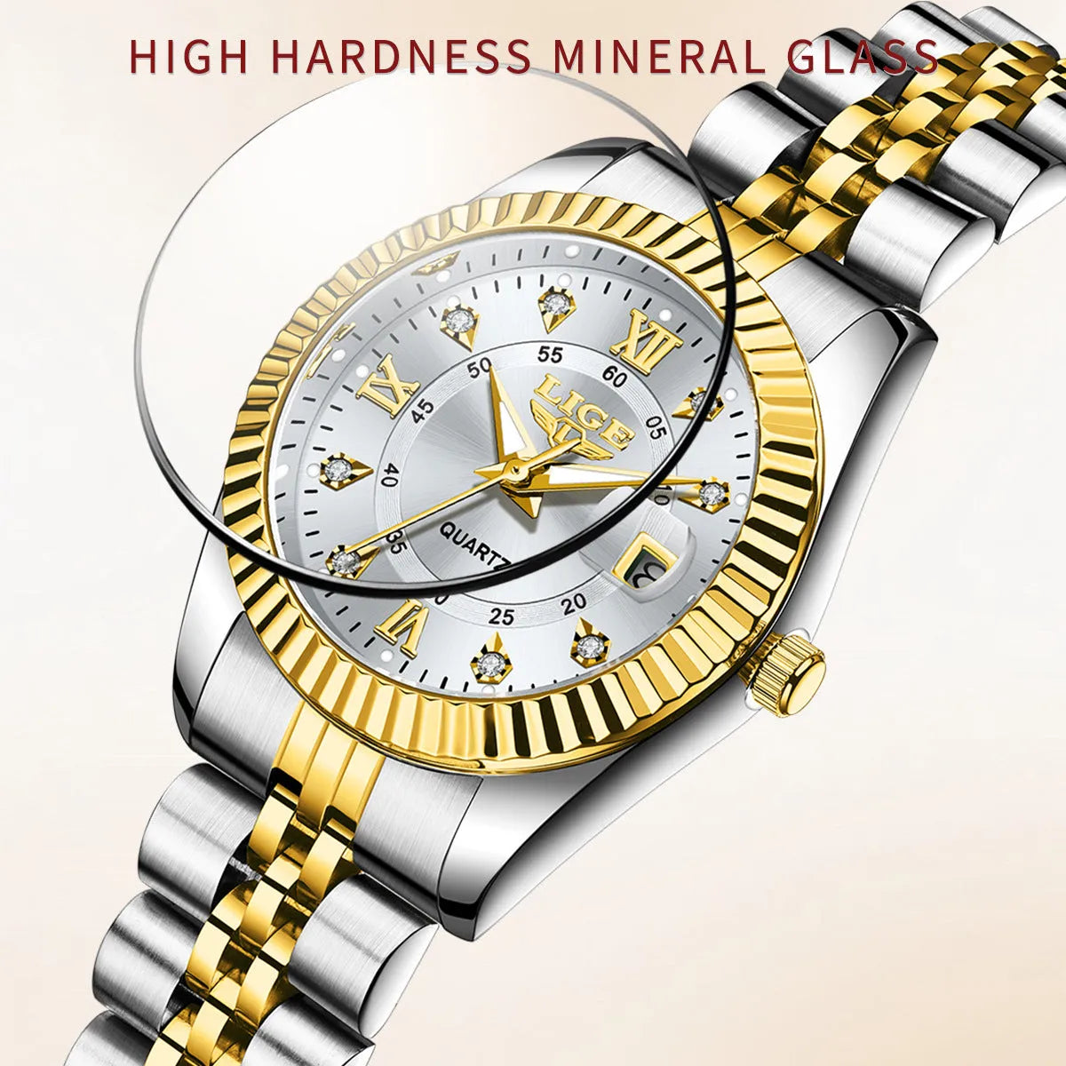 Women's waterproof quartz watch with stainless steel case in gold and silver colour variations