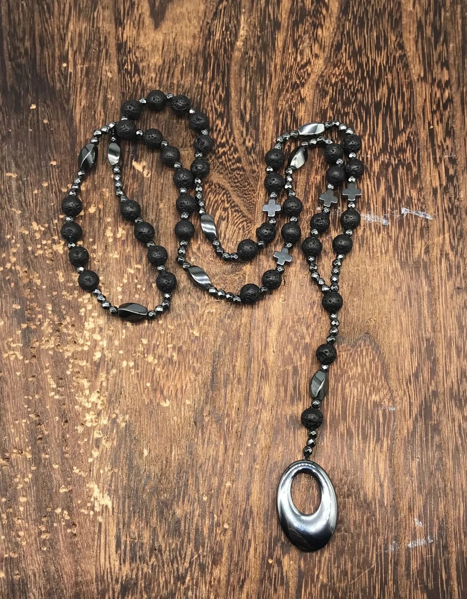 Men's stone geometric cross pendant necklace on an 80cm ball bead chain