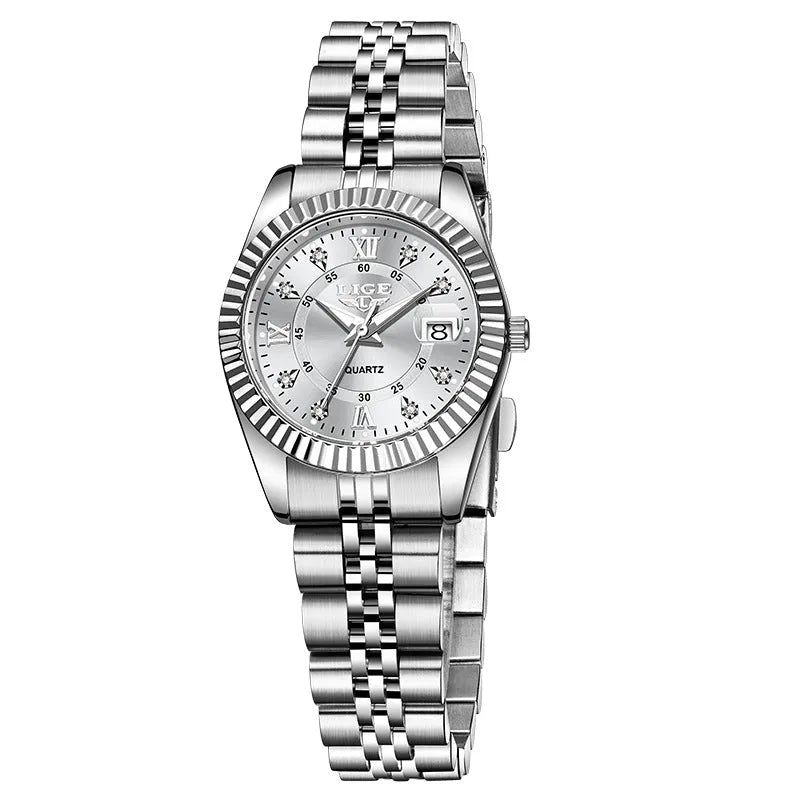 Women's waterproof quartz watch with stainless steel case in gold and silver colour variations