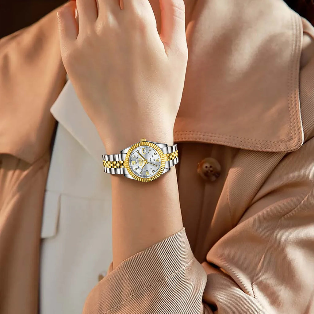 Women's waterproof quartz watch with stainless steel case in gold and silver colour variations