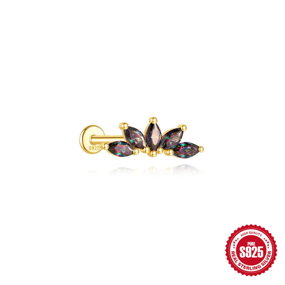 S925 sterling silver flat head thread piercing with a shiny rainbow stone in a gold setting.