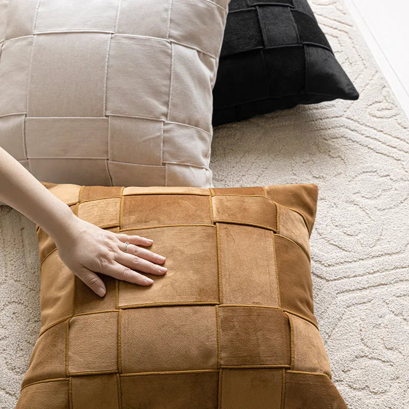 Square 50x50cm chenille woven pillow cushion on a sofa in a choice of seven colours.