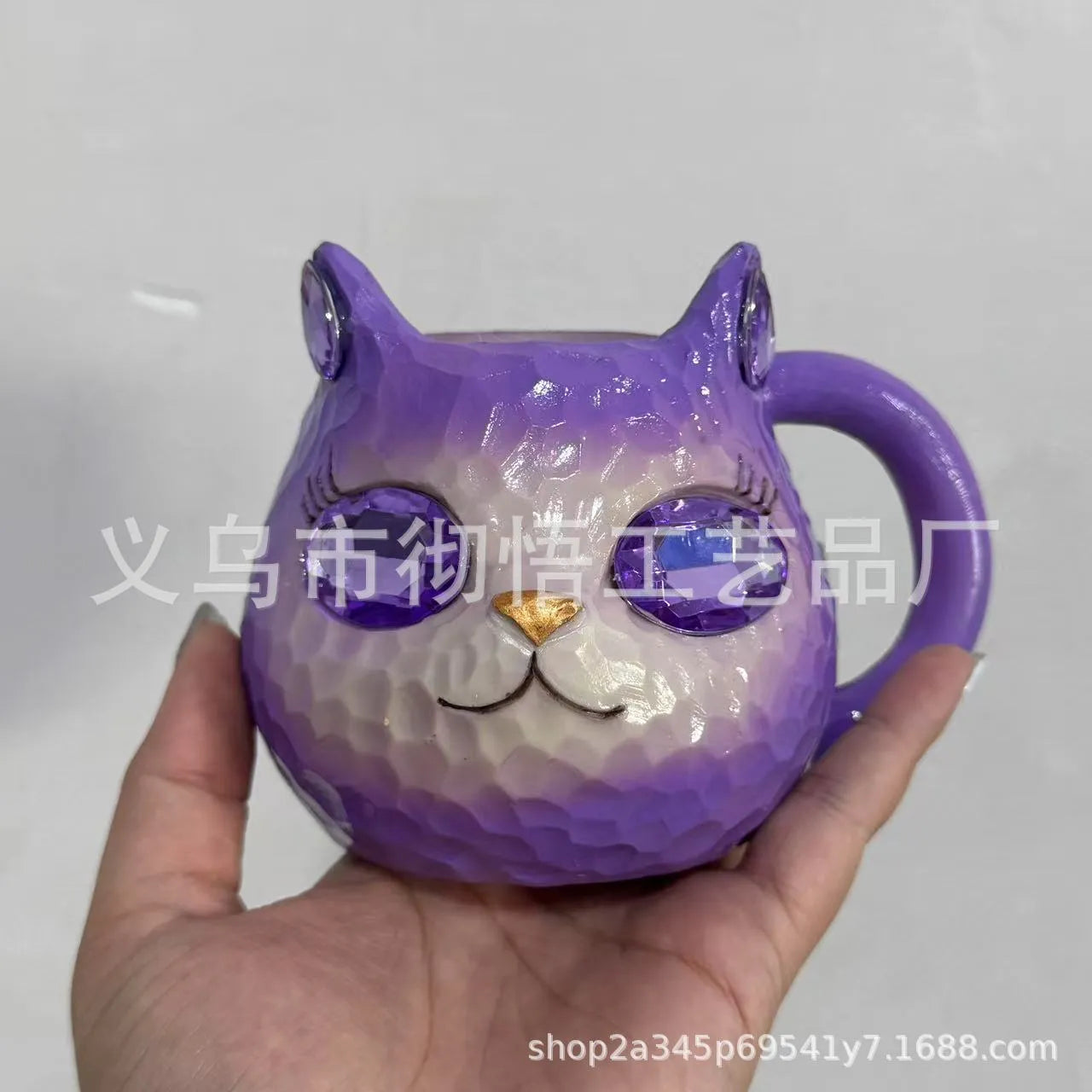 Crystal Earth Cat Cup resin craft decorative object in purple, green, blue, or pink colours.