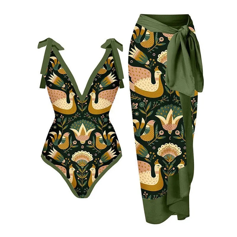 Women's solid colour one-piece swimsuit with spaghetti straps and a matching skirt.