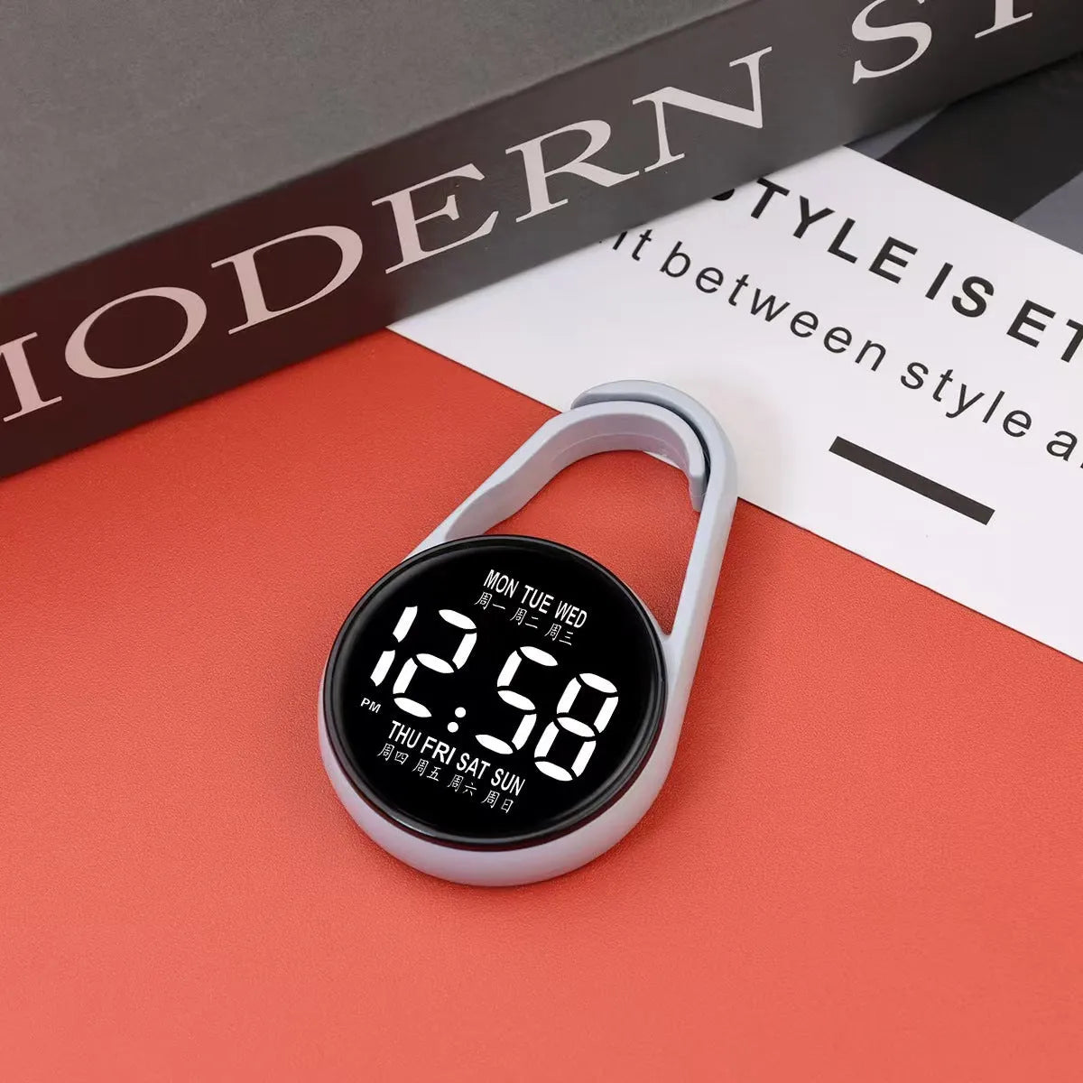 LED electronic watch with digital week display on an adjustable plastic strap, shown in various colours.