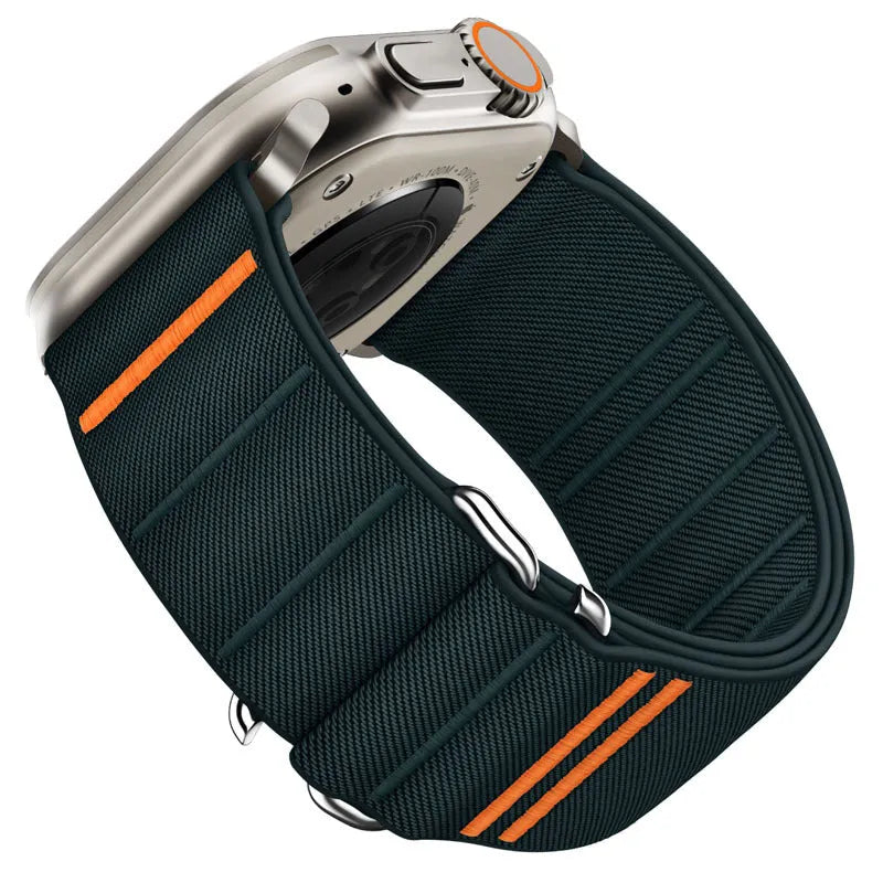Elastic nylon Apple Watch band with stainless steel buckle in various colour options