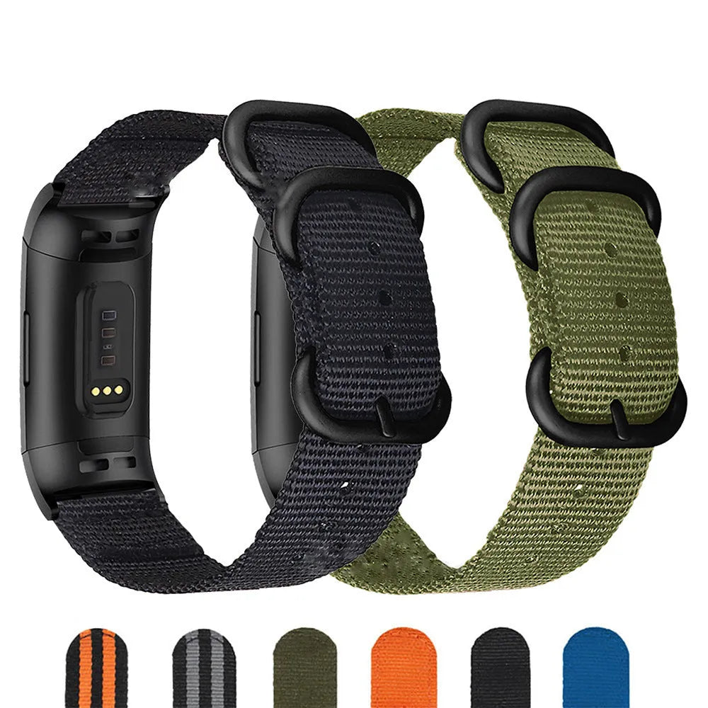 Nylon three-ring buckle replacement strap for Fitbit Charge fitness tracker in Army Green