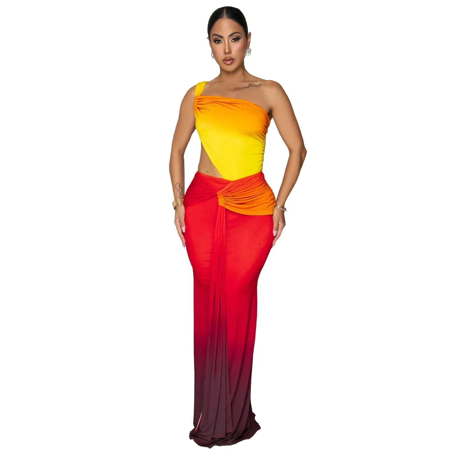 Women's long gradient colour dress with cross-shoulder sleeveless design and a high-waisted one-step skirt.