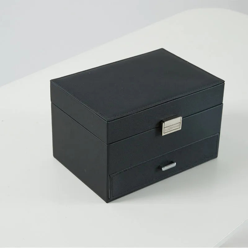 Hard case PU leather jewelry storage box in black, pink, rose gold, or beige