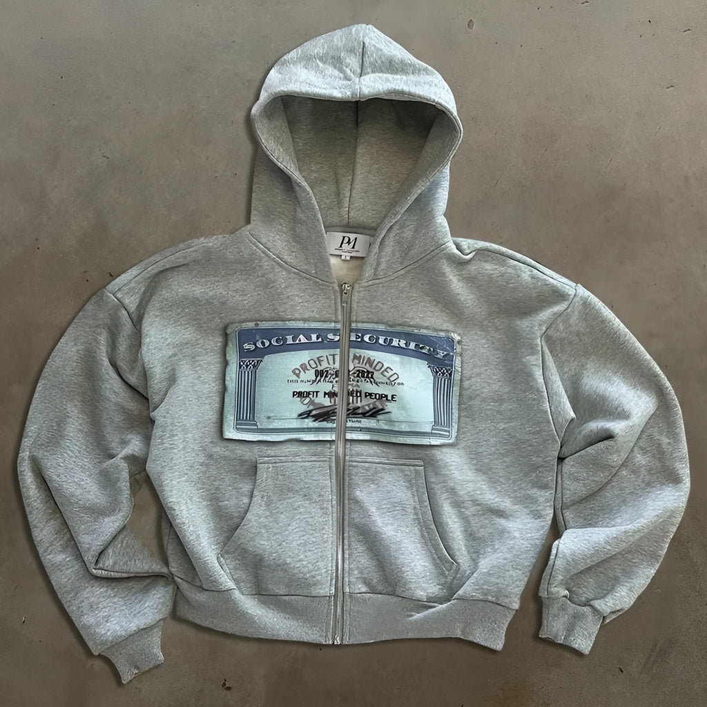 Unisex loose fit polyester hooded zip jacket with letter print and zipper pockets