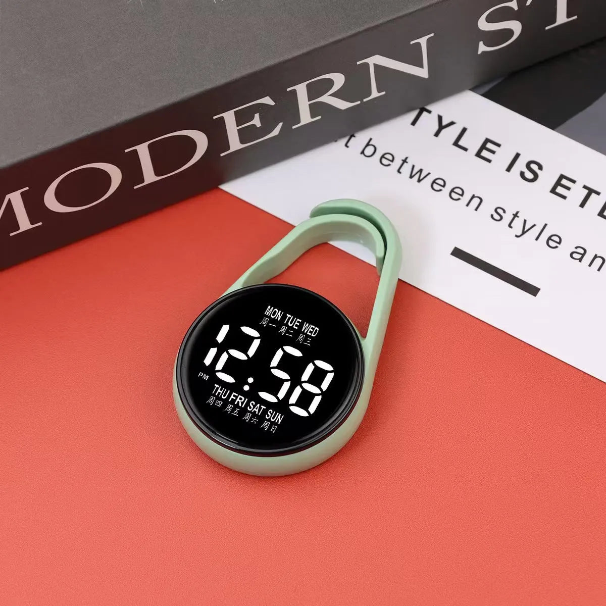 LED electronic watch with digital week display on an adjustable plastic strap, shown in various colours.