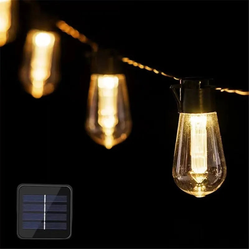 Vintage infusion bottle shaped outdoor string lights with solar panel and IP55 waterproof rating
