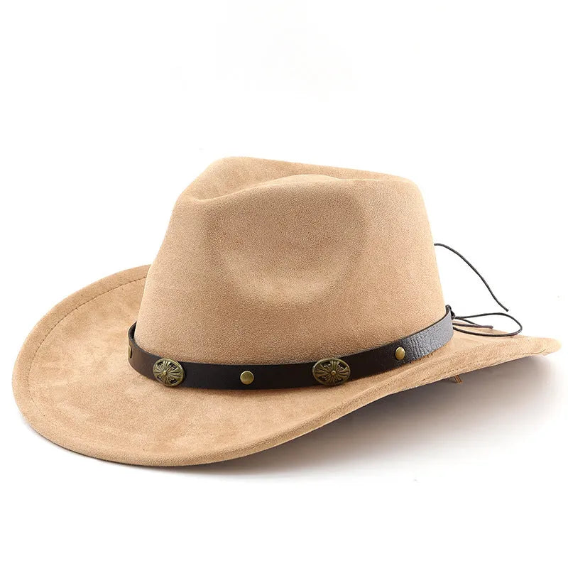 Brown leather velvet cowboy hat with a curved edge and conical crown on a plain background.