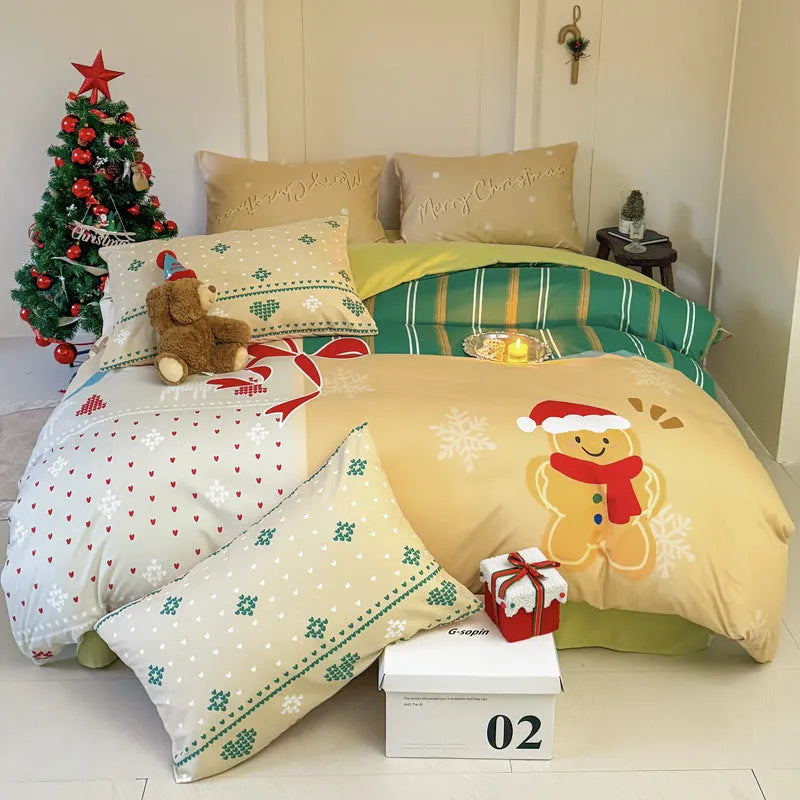 Christmas bedding four-piece set with cartoon print including sheet, quilt cover and pillowcases