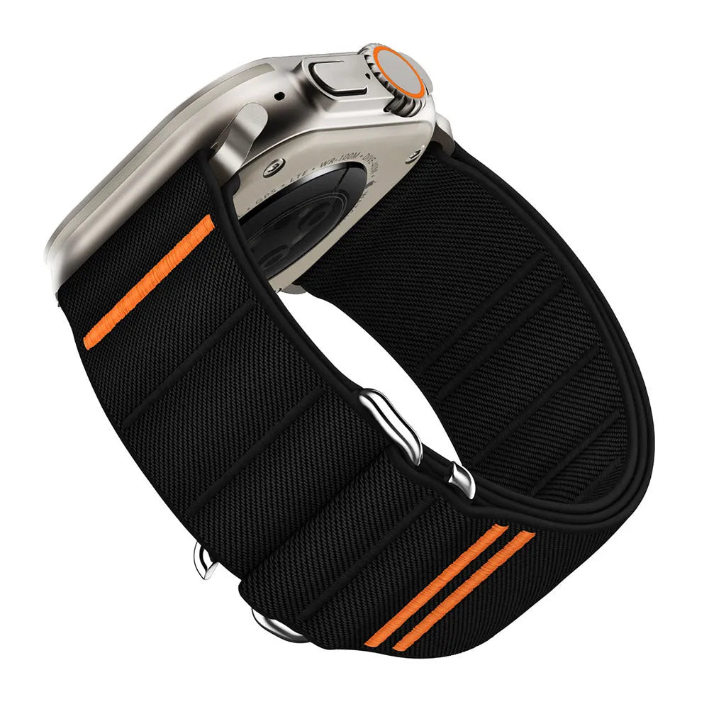 Elastic nylon Apple Watch band with stainless steel buckle in various colour options