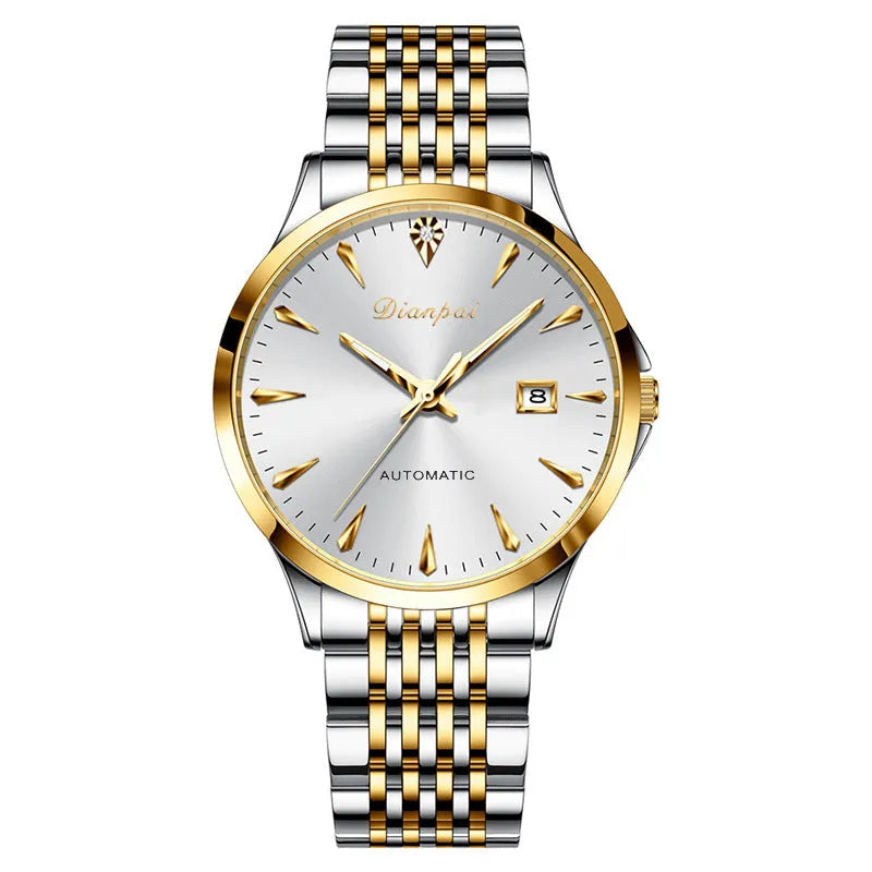 Men's simple dial automatic watch with stainless steel strap on a wrist.