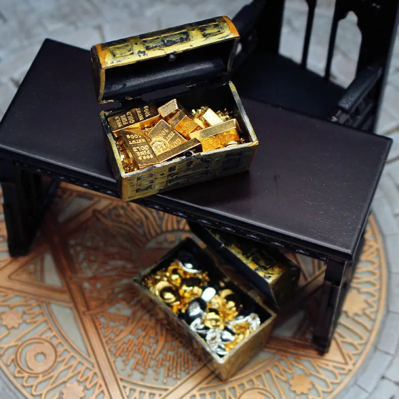Alloy gold coin treasure box doll house miniature ornaments with gold bar combination
