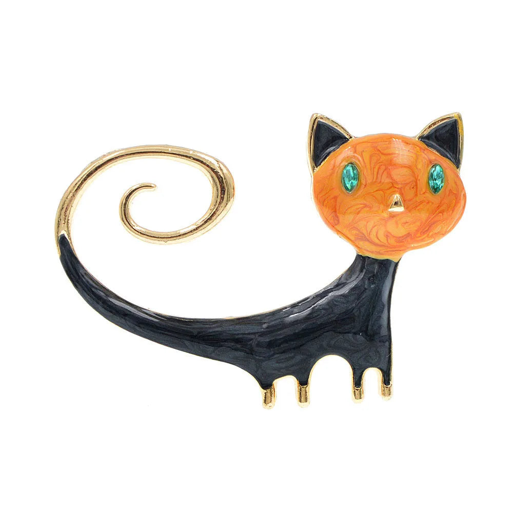 Personalised white and orange alloy cat brooch with painted detailing and a long tail.