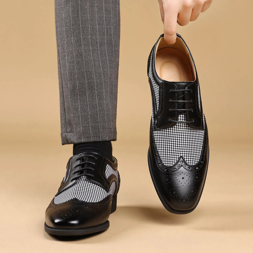 Men's houndstooth plaid casual leather shoes with square toe and lace-up front in four colour options