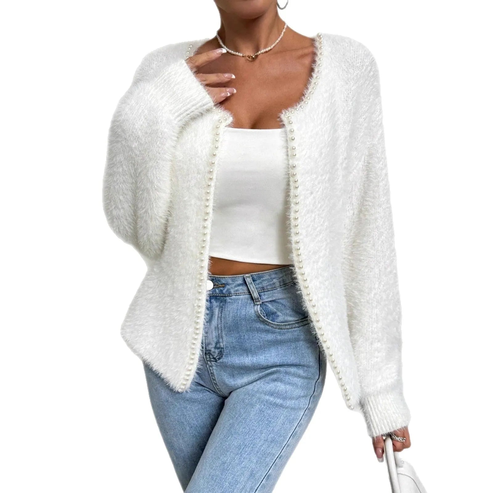 Women's white V-neck cardigan with beaded knit detail, medium thickness, 50cm length