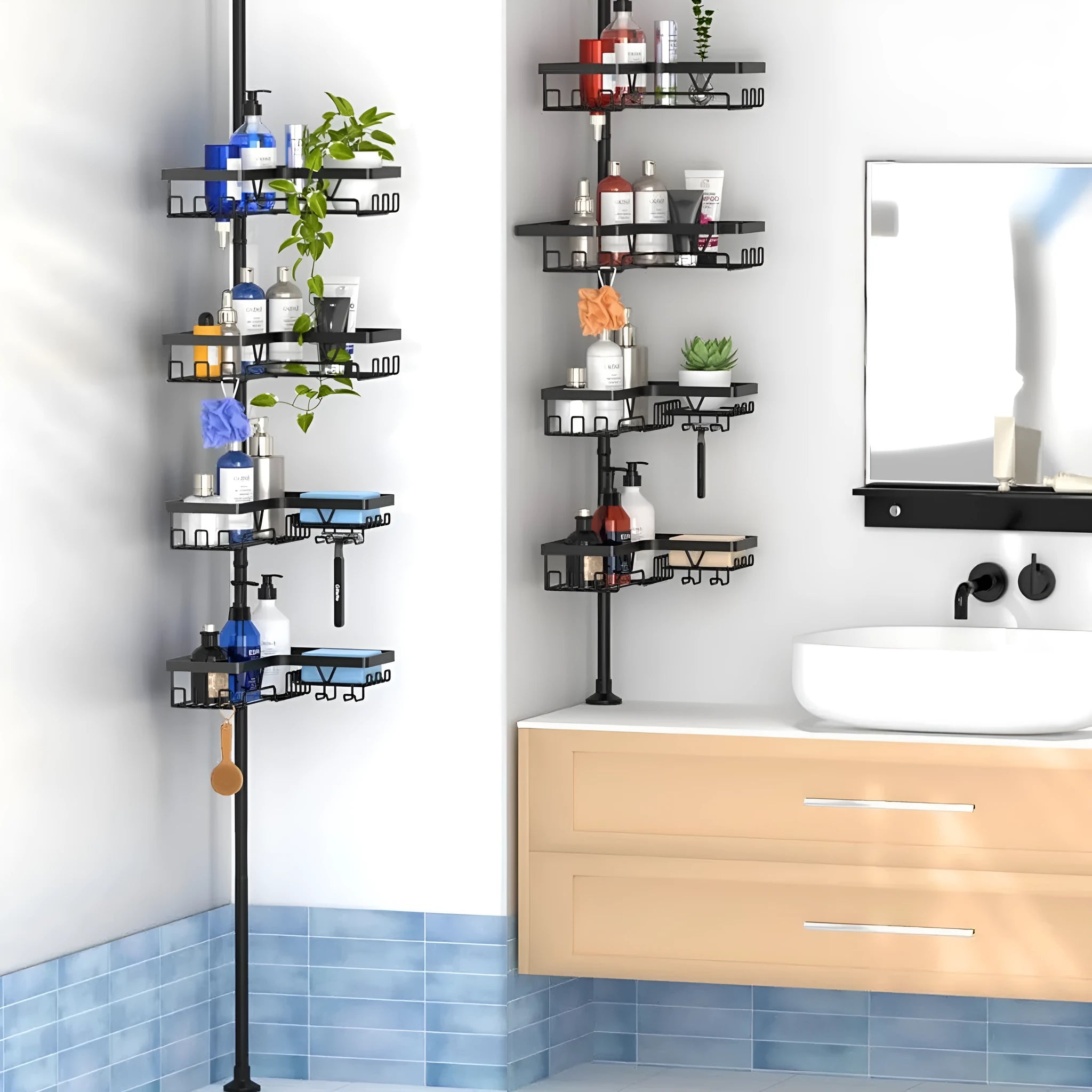 Retractable bathroom storage rack with four tiers and stainless steel construction