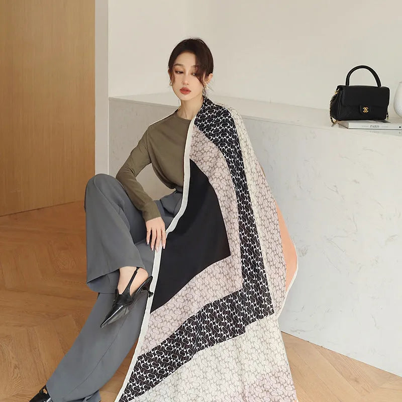 Polyester women's vintage print scarf measuring 180 cm by 90 cm, shown in one of three style options.