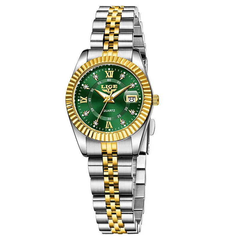 Women's waterproof quartz watch with stainless steel case in gold and silver colour variations
