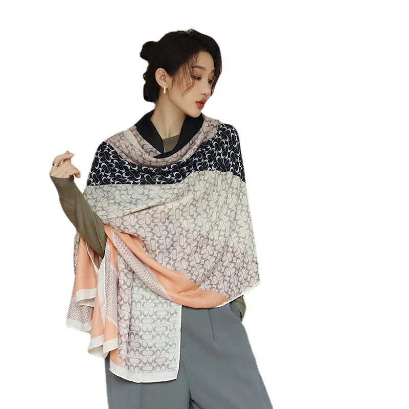 Polyester women's vintage print scarf measuring 180 cm by 90 cm, shown in one of three style options.