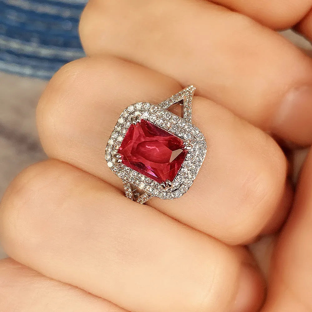 Copper square ring with red rhinestones in geometric princess cut design