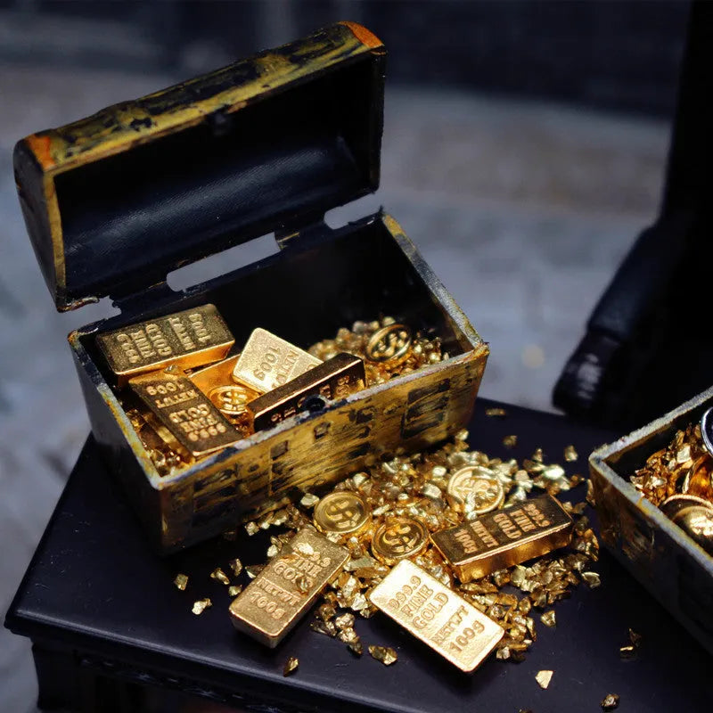 Alloy gold coin treasure box doll house miniature ornaments with gold bar combination