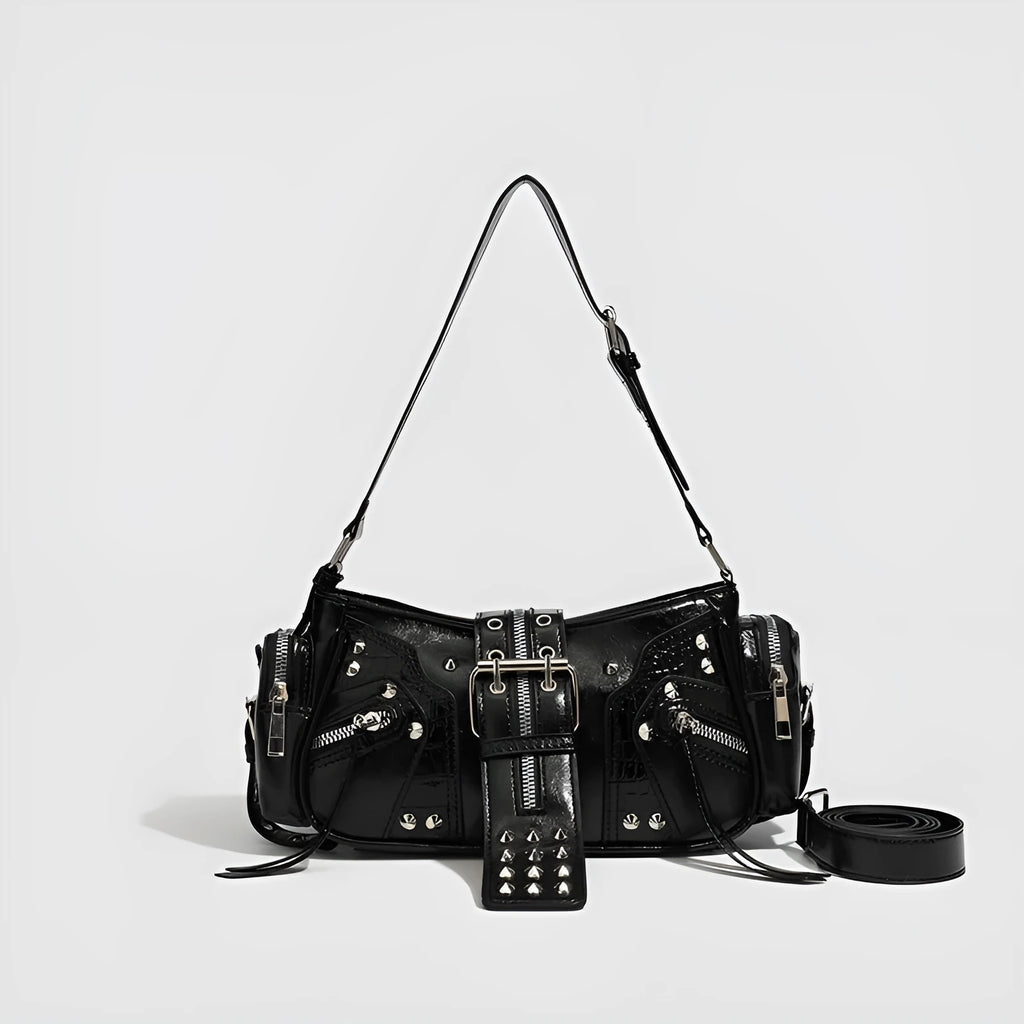 Black dumpling-shaped retro handbag with oil wax PU leather showing three-dimensional pockets and shoulder strap
