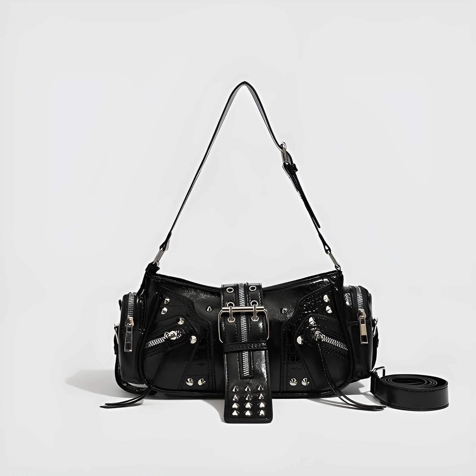 Black dumpling-shaped retro handbag with oil wax PU leather showing three-dimensional pockets and shoulder strap