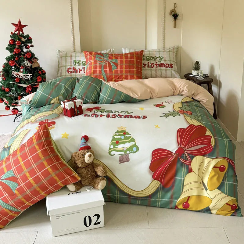 Christmas bedding four-piece set with cartoon print including sheet, quilt cover and pillowcases