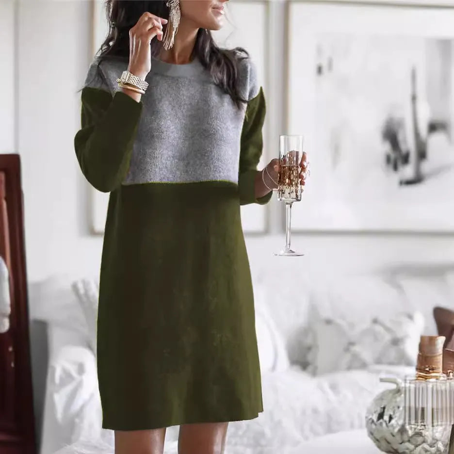 Brown women's polar fleece patchwork skirt dress with long sleeves and a round neckline on a hanger.