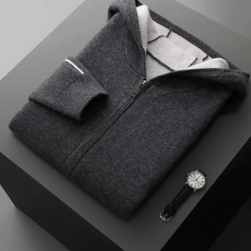 Dark blue men's loose cashmere cardigan with half-high collar and full-length zip.