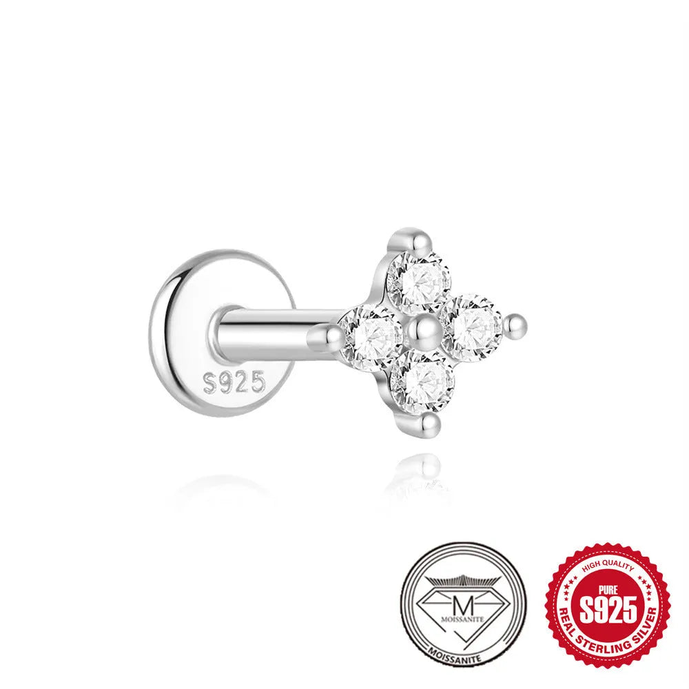 Sterling silver petal diamond stud earrings with geometric debris design and ear clip back