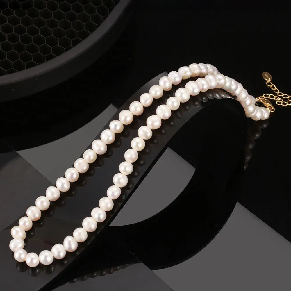 Women's adjustable natural freshwater pearl necklace with 925 sterling silver electroplating