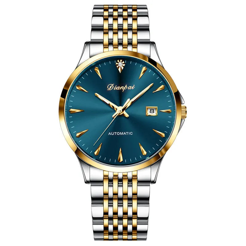 Men's simple dial automatic watch with stainless steel strap on a wrist.